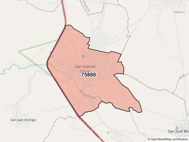 Mapa del código postal 75880, San Gabriel Chilac, Puebla