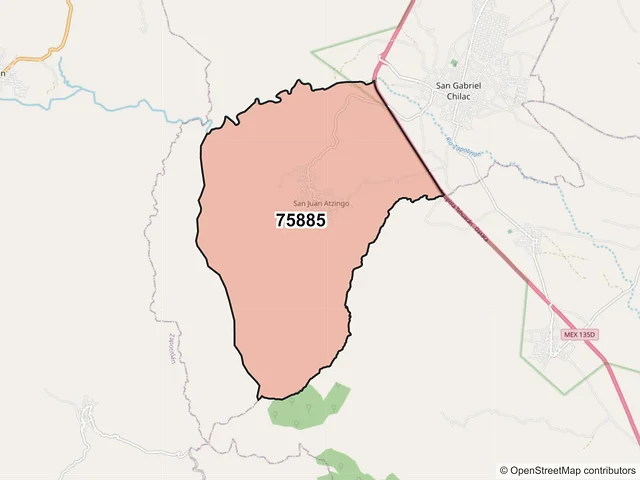 Mapa del código postal 75885, San Gabriel Chilac, Puebla
