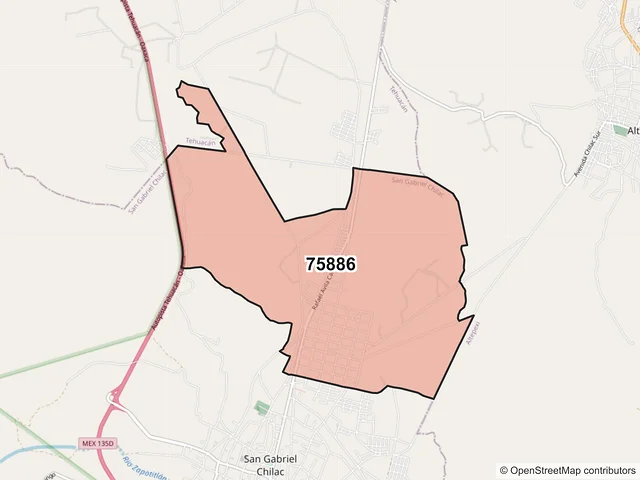 Mapa del código postal 75886, San Gabriel Chilac, Puebla