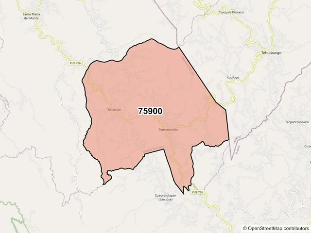 Mapa del código postal 75900, Vicente Guerrero, Puebla