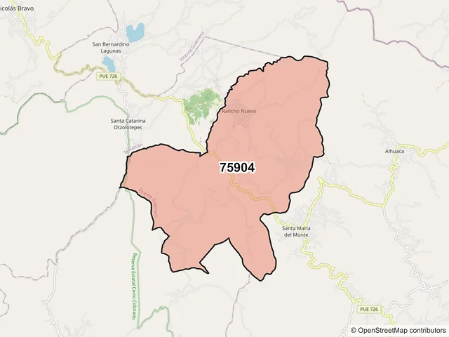 Mapa del código postal 75904, Vicente Guerrero, Puebla