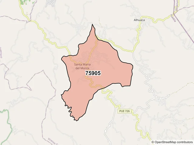 Mapa del código postal 75905, Vicente Guerrero, Puebla