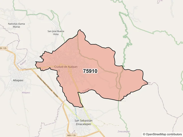 Mapa del código postal 75910, Ajalpan, Puebla