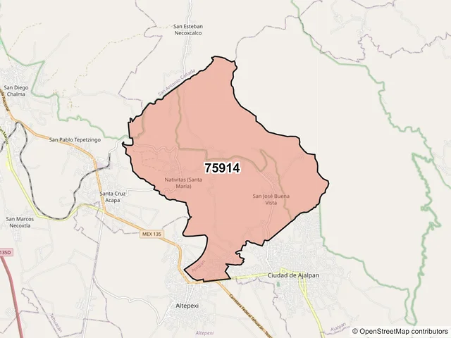 Mapa del código postal 75914, Ajalpan, Puebla