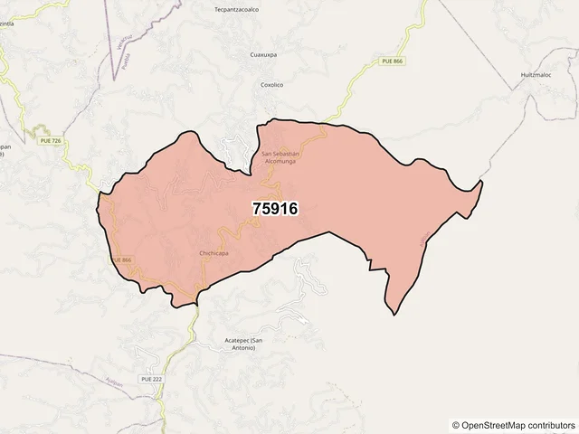 Mapa del código postal 75916, Ajalpan, Puebla