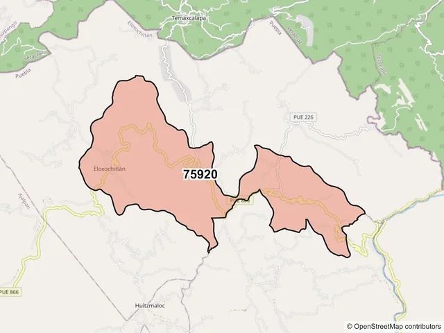 Mapa del código postal 75920, Eloxochitlán, Puebla