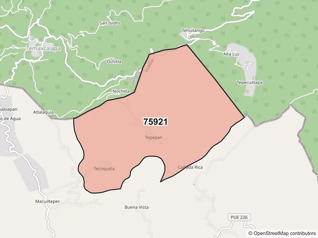 Mapa del código postal 75921, Eloxochitlán, Puebla