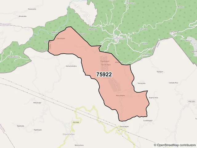 Mapa del código postal 75922, Eloxochitlán, Puebla