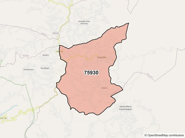 Mapa del código postal 75930, Zoquitlán, Puebla