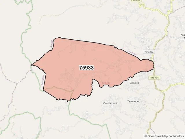 Mapa del código postal 75933, Zoquitlán, Puebla