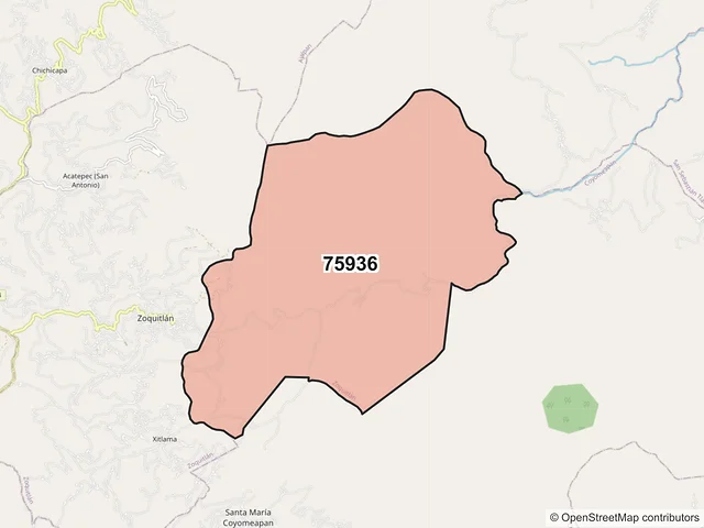 Mapa del código postal 75936, Zoquitlán, Puebla