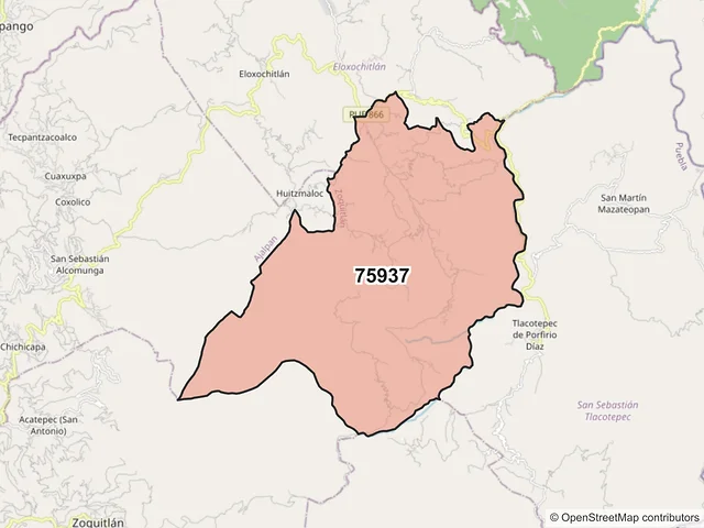 Mapa del código postal 75937, Zoquitlán, Puebla