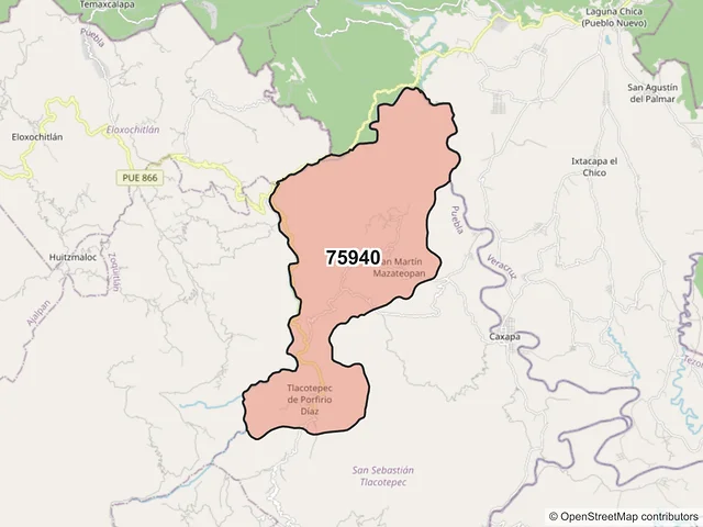 Mapa del código postal 75940, San Sebastián Tlacotepec, Puebla