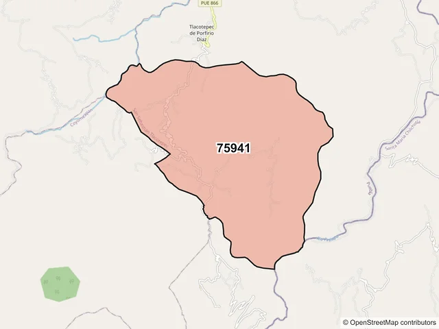 Mapa del código postal 75941, San Sebastián Tlacotepec, Puebla