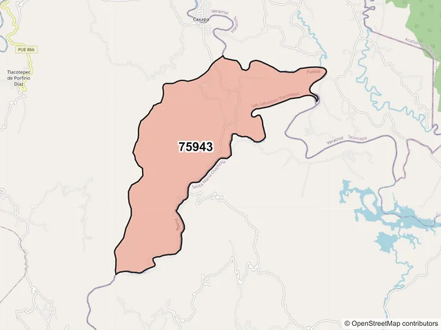 Mapa del código postal 75943, San Sebastián Tlacotepec, Puebla