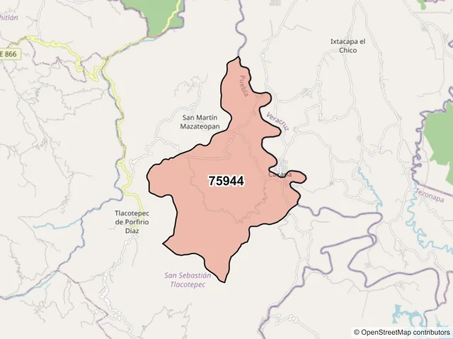 Mapa del código postal 75944, San Sebastián Tlacotepec, Puebla