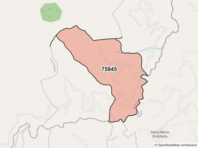 Mapa del código postal 75945, San Sebastián Tlacotepec, Puebla