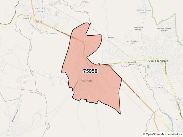 Mapa del código postal 75950, Altepexi, Puebla