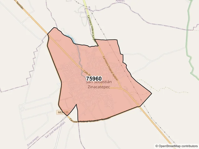 Mapa del código postal 75960, Zinacatepec, Puebla