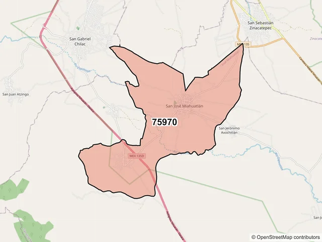 Mapa del código postal 75970, San José Miahuatlán, Puebla