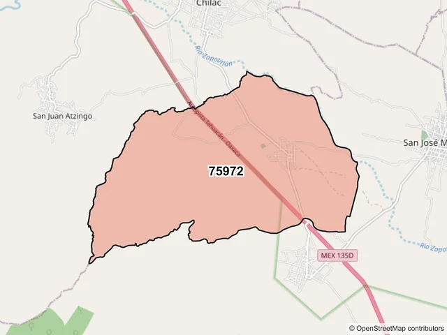 Mapa del código postal 75972, San José Miahuatlán, Puebla