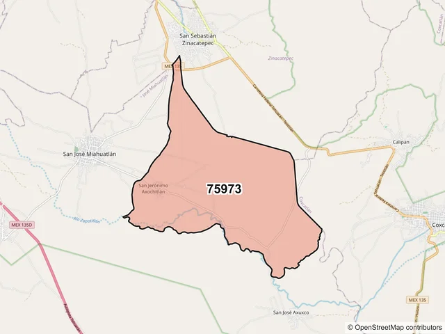 Mapa del código postal 75973, San José Miahuatlán, Puebla