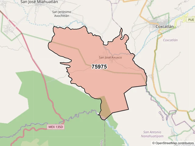 Mapa del código postal 75975, San José Miahuatlán, Puebla