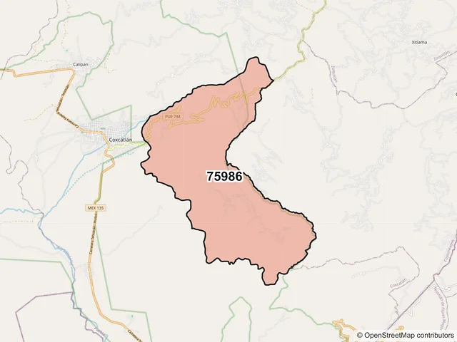 Mapa del código postal 75986, Coxcatlán, Puebla