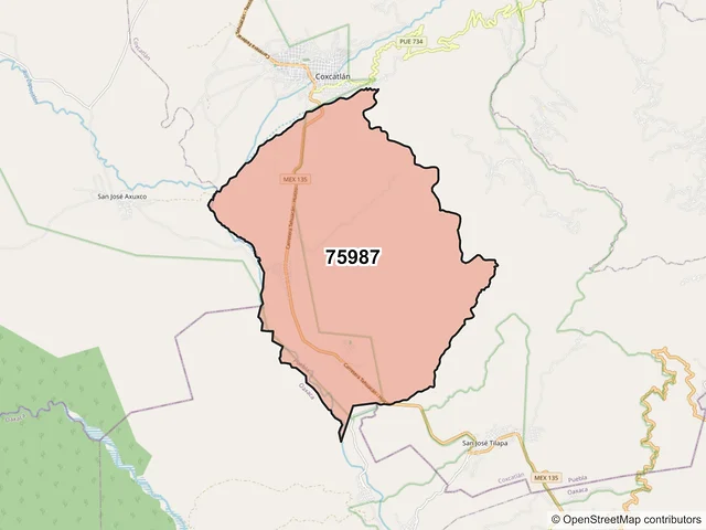 Mapa del código postal 75987, Coxcatlán, Puebla