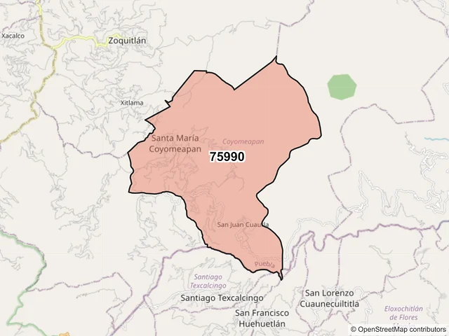 Mapa del código postal 75990, Coyomeapan, Puebla