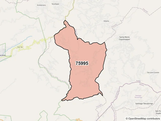Mapa del código postal 75995, Coyomeapan, Puebla