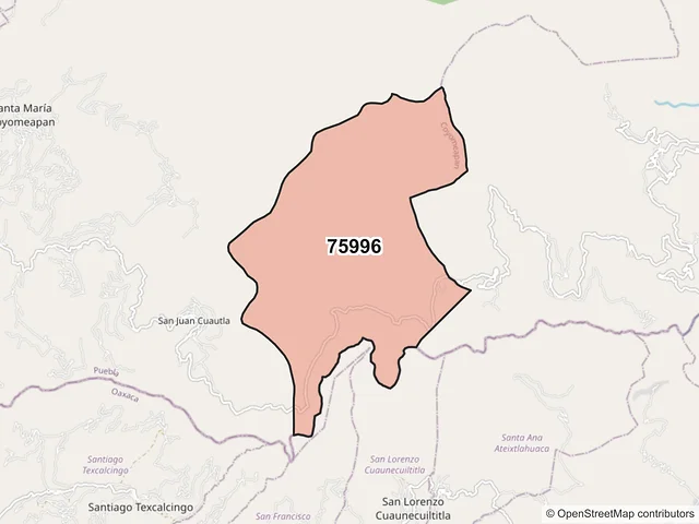 Mapa del código postal 75996, Coyomeapan, Puebla