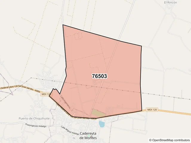 Mapa del código postal 76503, Cadereyta de Montes, Querétaro