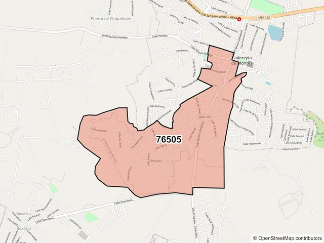 Mapa del código postal 76505, Cadereyta de Montes, Querétaro