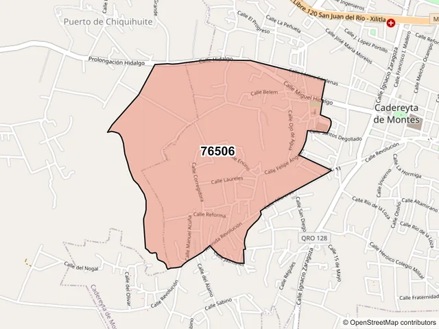 Mapa del código postal 76506, Cadereyta de Montes, Querétaro
