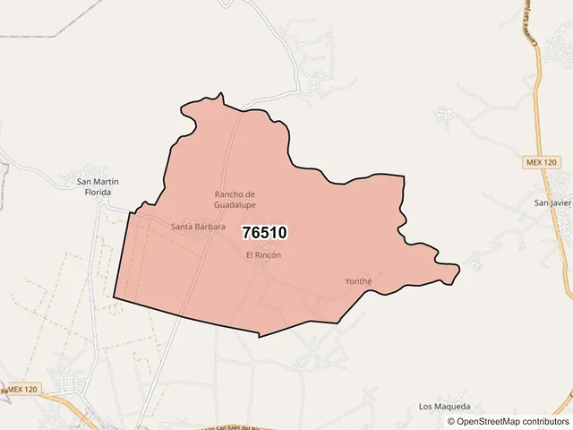 Mapa del código postal 76510, Cadereyta de Montes, Querétaro