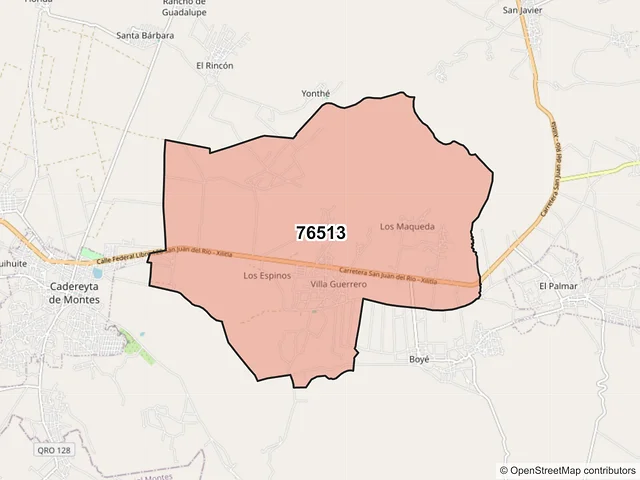 Mapa del código postal 76513, Cadereyta de Montes, Querétaro