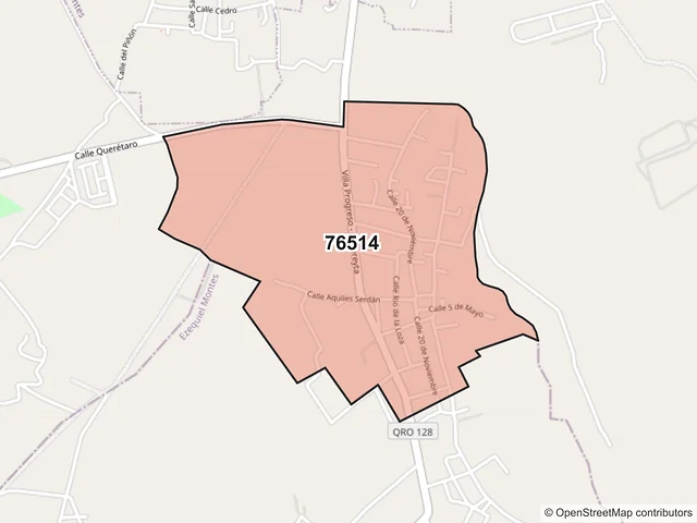 Mapa del código postal 76514, Cadereyta de Montes, Querétaro