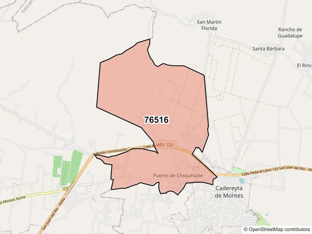 Mapa del código postal 76516, Cadereyta de Montes, Querétaro