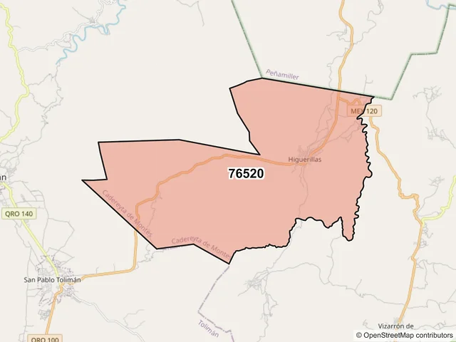 Mapa del código postal 76520, Cadereyta de Montes, Querétaro