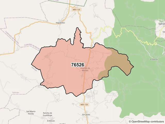 Mapa del código postal 76526, Cadereyta de Montes, Querétaro