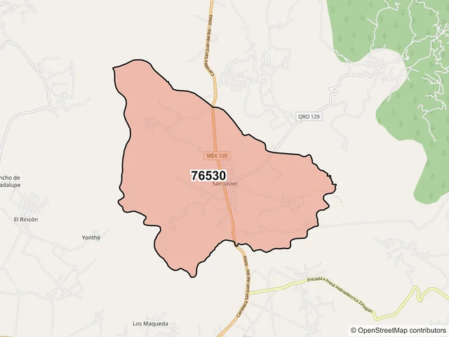 Mapa del código postal 76530, Cadereyta de Montes, Querétaro