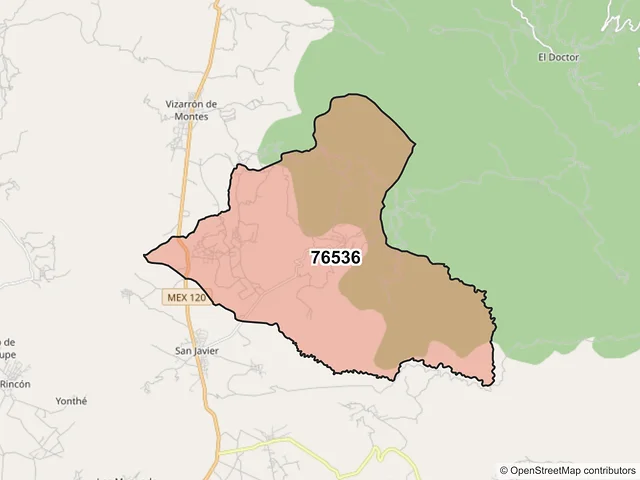 Mapa del código postal 76536, Cadereyta de Montes, Querétaro