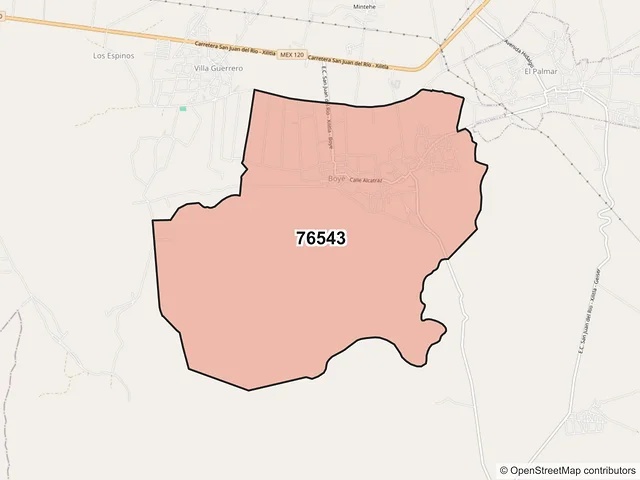 Mapa del código postal 76543, Cadereyta de Montes, Querétaro
