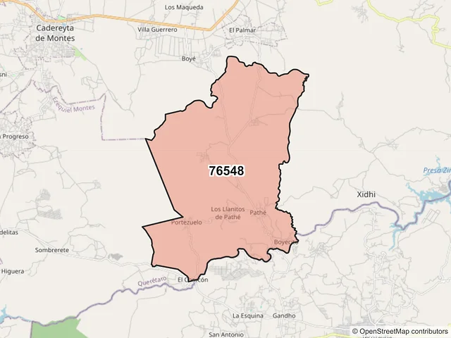 Mapa del código postal 76548, Cadereyta de Montes, Querétaro