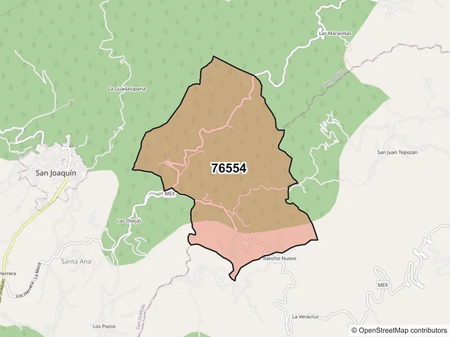 Mapa del código postal 76554, San Joaquín, Querétaro