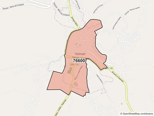 Mapa del código postal 76600, Tolimán, Querétaro