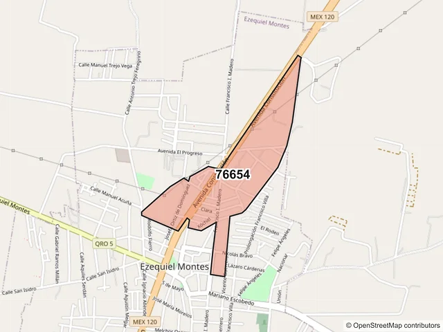 Mapa del código postal 76654, Ezequiel Montes, Querétaro