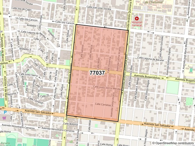 Mapa del código postal 77037, Chetumal, Quintana Roo