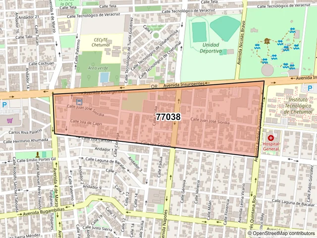 Mapa del código postal 77038, Chetumal, Quintana Roo
